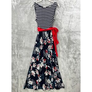 Egs by Eloges Summer Dress Size S? Stripe Floral Maxi Fit Flare Red Tie Stretch